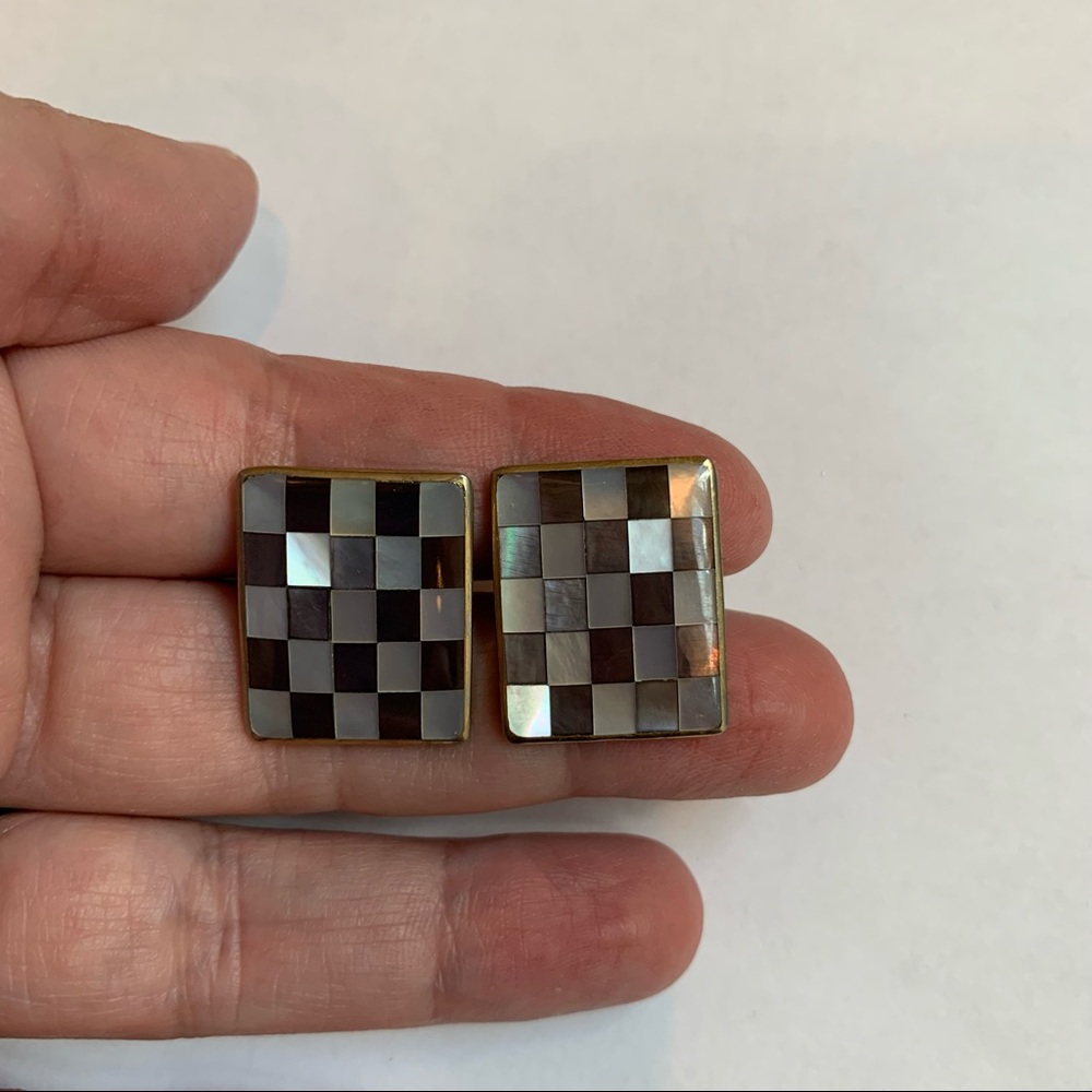 Mother of Pearl Black White Checker Board Cufflinks Vintage Germany